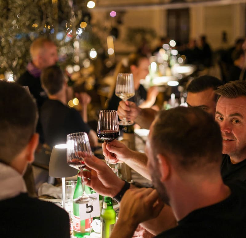 Guests raising wine glasses in a toast during a festive dinner at a long, elegantly set table.