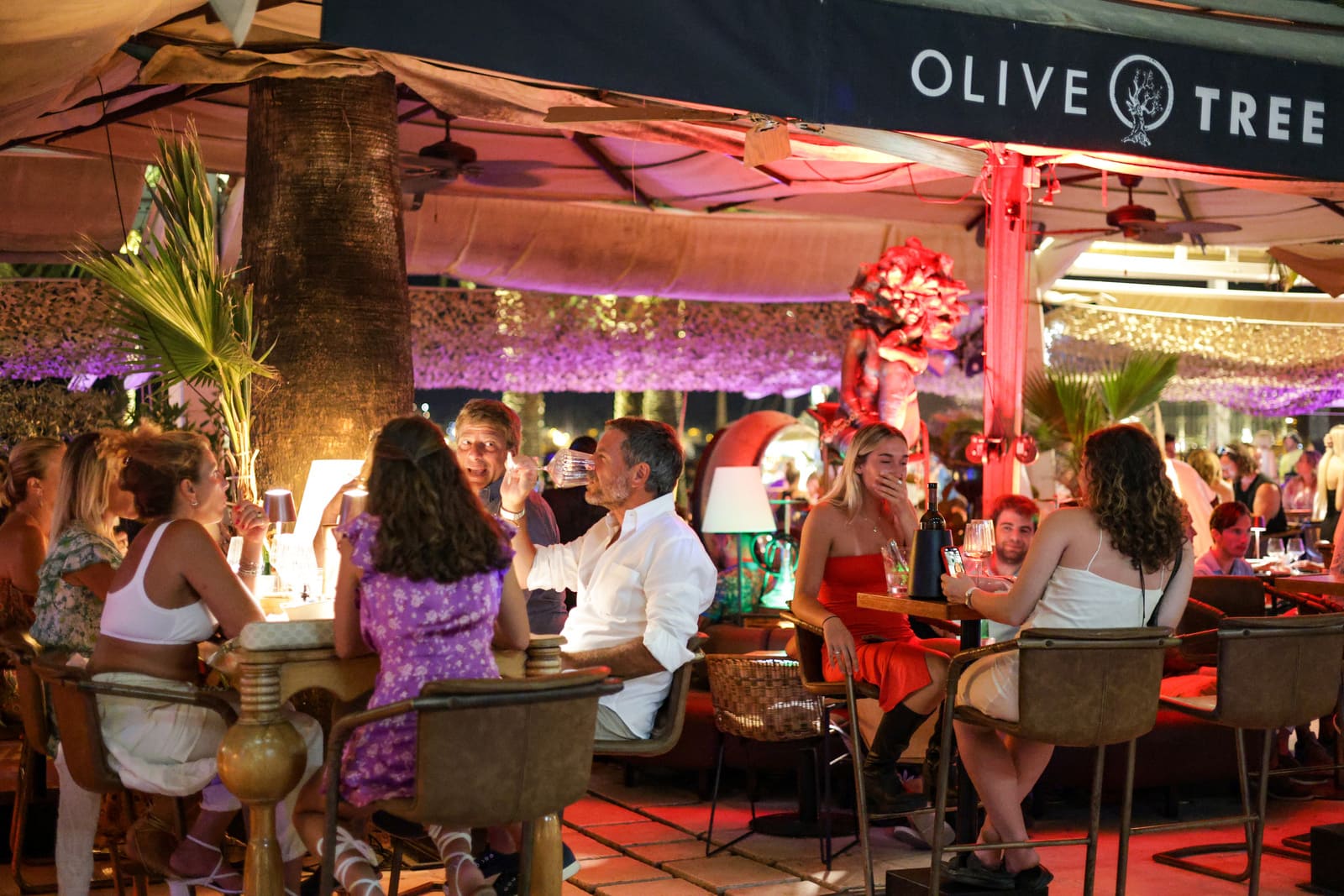 Guests enjoy dinner and cocktails under ambient lighting at Olive Tree’s outdoor lounge.