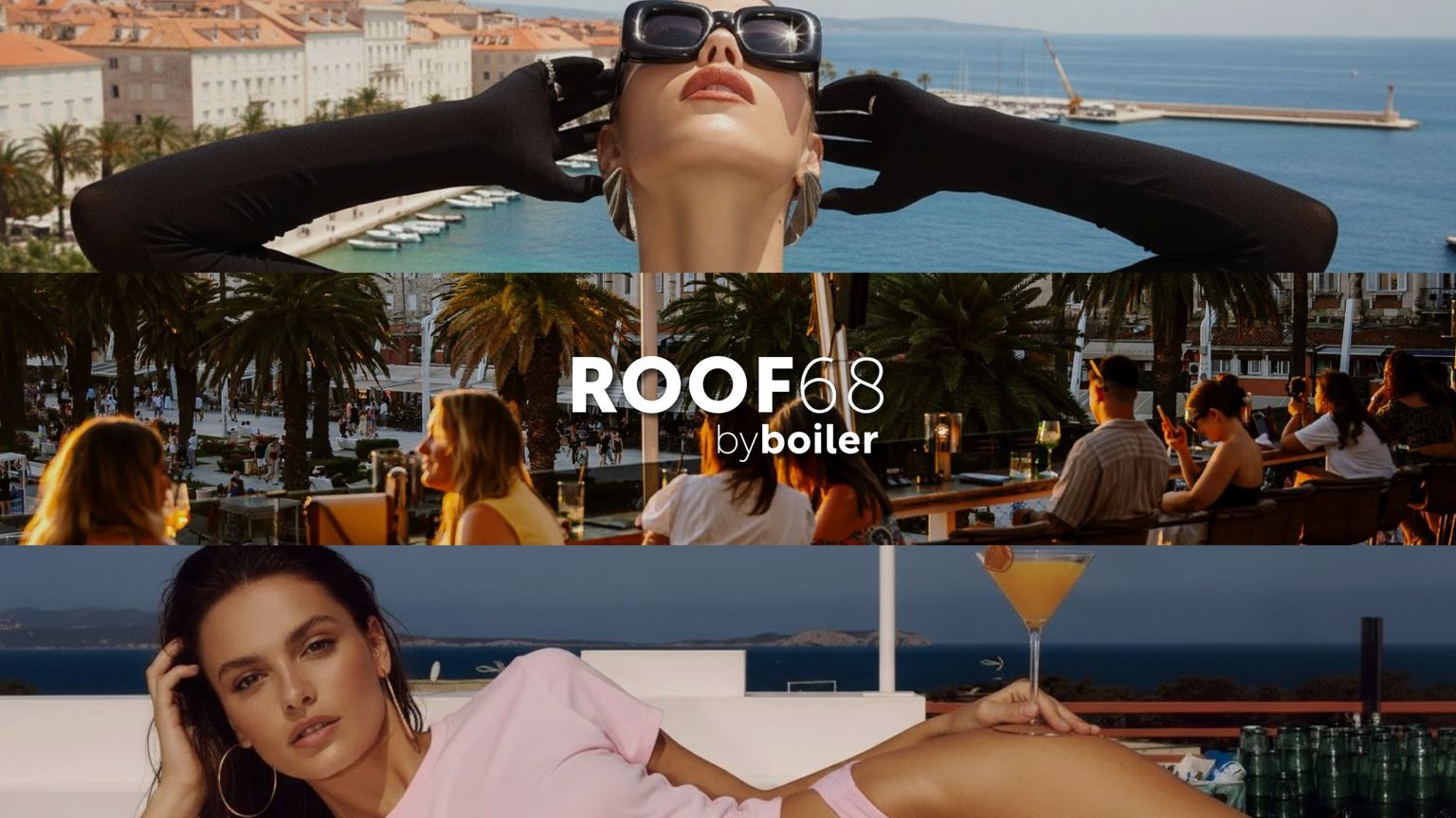 Rooftop bar promotional image with guests enjoying drinks overlooking the sea and palm trees, featuring “ROOF68 by Boiler” branding.