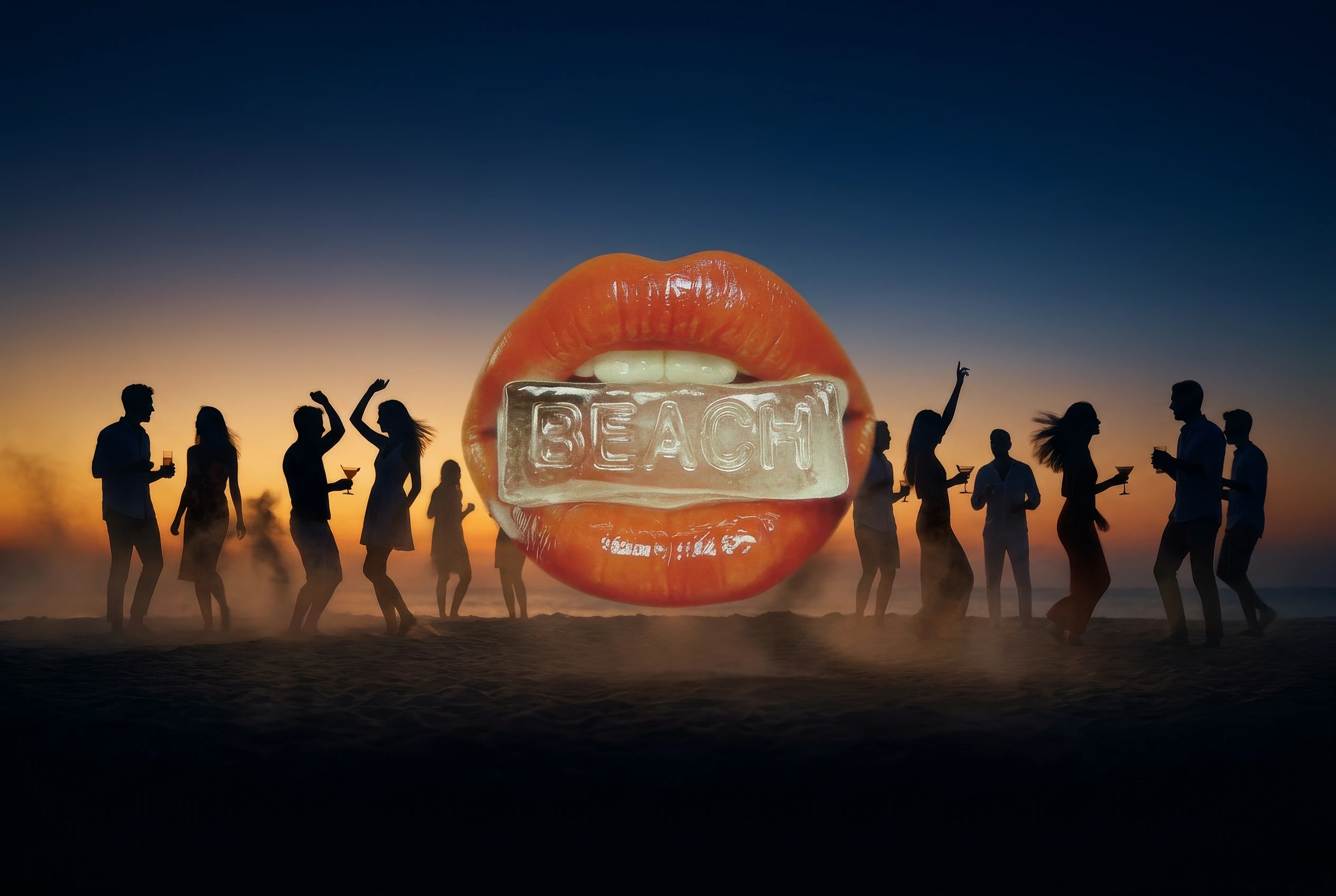 Silhouettes of people dancing on the beach at sunset with a large “Beach” ice cube graphic.